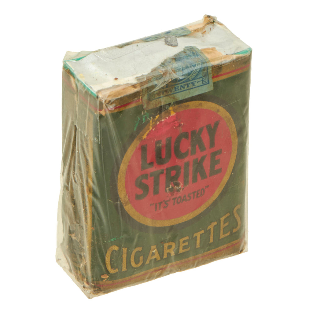 Original U.S. WWII Empty Pack of Lucky Strike Cigarettes Rewrapped for Display with Partial Class A Cigarette Tax Stamp - Pre-1942 Original Items