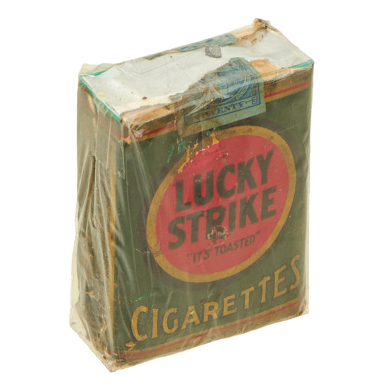 Original U.S. WWII Empty Pack of Lucky Strike Cigarettes Rewrapped for Display with Partial Class A Cigarette Tax Stamp - Pre-1942 Original Items