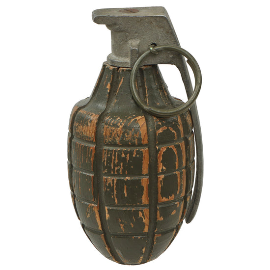 Original U.S. WWII Inert Wood & Aluminum MkII Pineapple Grenade “Shop Copy” Visual Training Aid from Aberdeen Proving Grounds Original Items