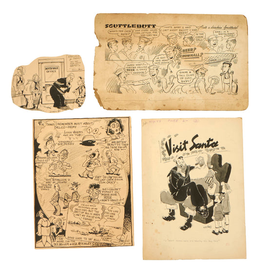 Original U.S. WWII Navy Magazine Artwork Lot with Great Cartoons - 4 Pieces Total Original Items