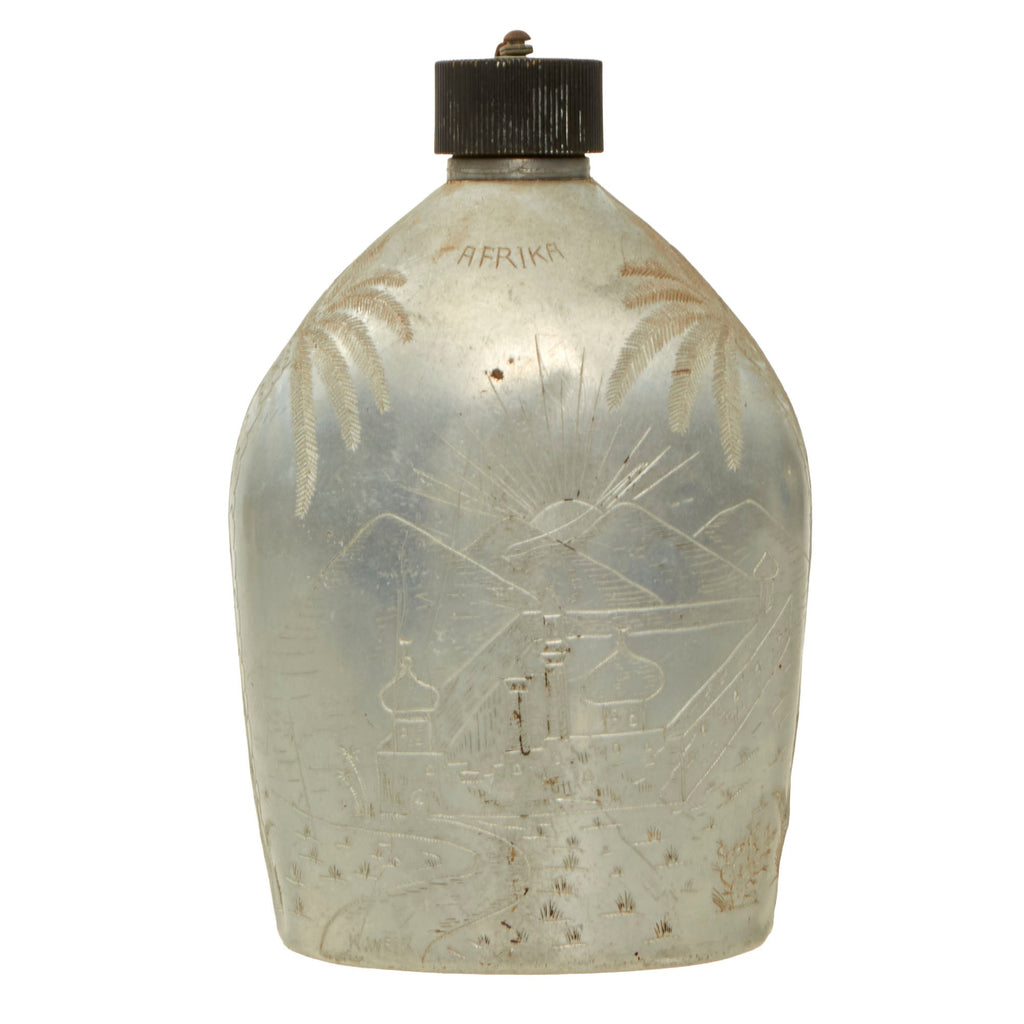 Original U.S. WWII German POW Trench Art Engraved Afrika M1910 Canteen with Gorgeous Scenes - POW Camp Gordon Original Items