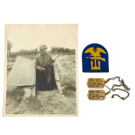 Original U.S. WWII Engineer Special Brigade Dog Tag & Patch Grouping with Photograph of Soldier Wearing ESB Helmet - SFC Lester J. Cross Original Items