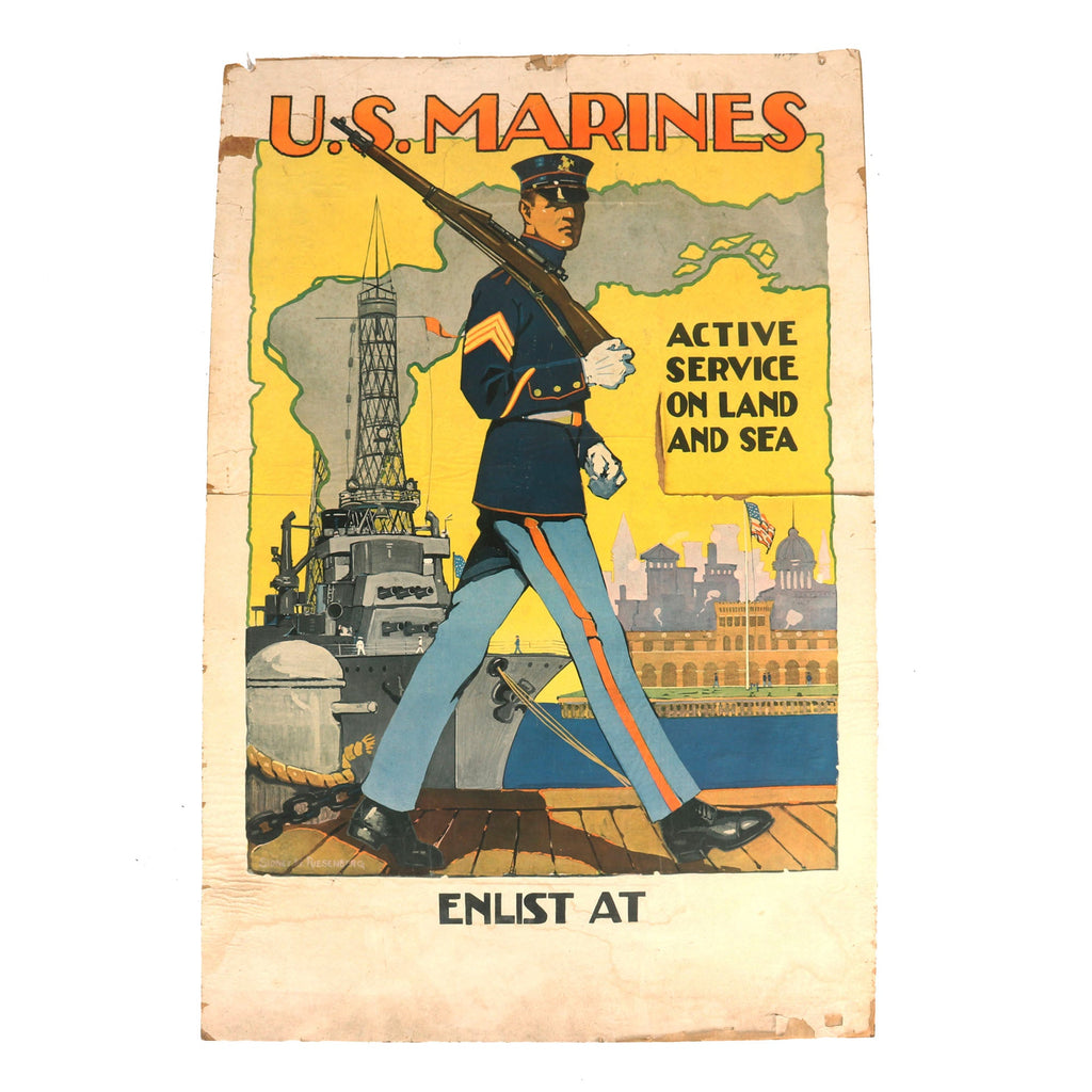 Original U.S. WWI US Marine Corps “Active Service On Land and Sea” Recruitment Poster With Artwork by Sidney Riesenberg - 42” x 28” Original Items