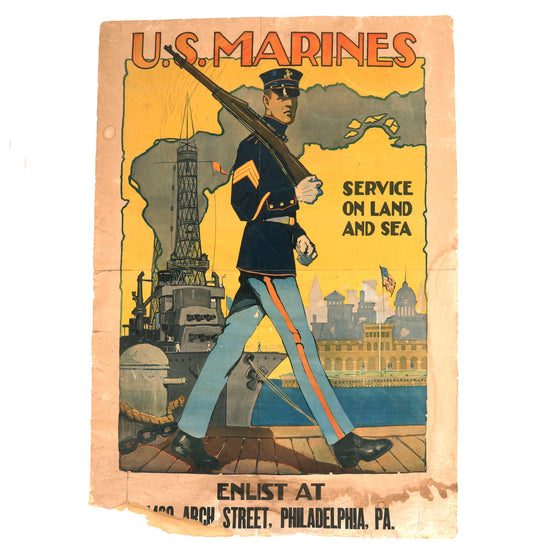 Original U.S. WWI US Marine Corps “Active Service On Land and Sea” Recruitment Poster With Artwork by Sidney Riesenberg - 39½” x 29½” Original Items