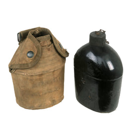 Original U.S. WWII Named 1st Pattern USMC Canteen Cover with Durasnaps and Black Porcelainized Canteen