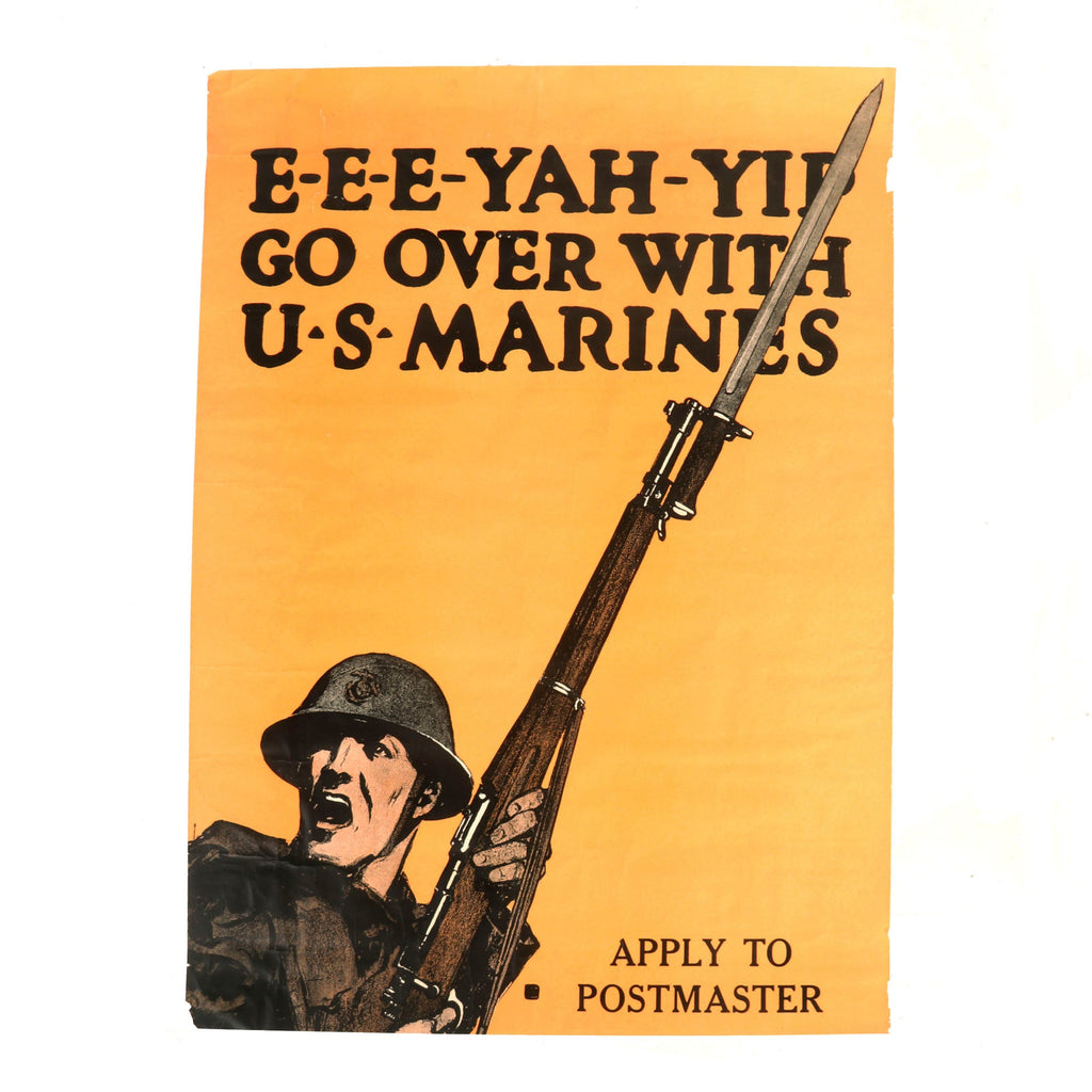 Original U.S. WWI “E-E-E-YAH-YIP, Go Over With U.S. Marines” Recruitment Poster by C.B. Falls - 21" x 28" Original Items
