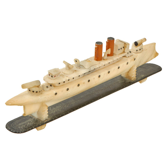 Original WWI Era Folk Art Soapstone Carved Warship "VITORIA" Matching Carved Slate & Soapstone Stand Original Items