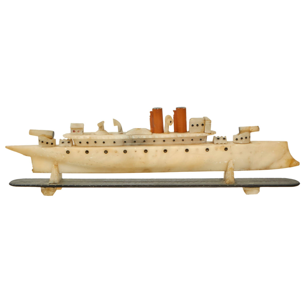 Original WWI Era Folk Art Soapstone Carved Warship "VITORIA" Matching Carved Slate & Soapstone Stand Original Items