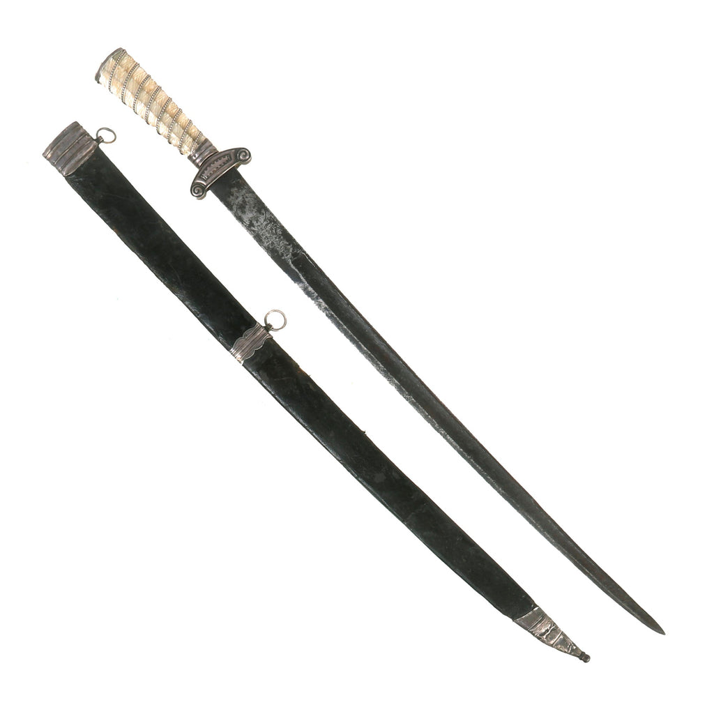 Original U.S. Revolutionary War Era Silver-Mounted Hunting Sword Cuttoe with Mother of Pearl Grip & Original Leather & Silver-Mounted Scabbard Original Items