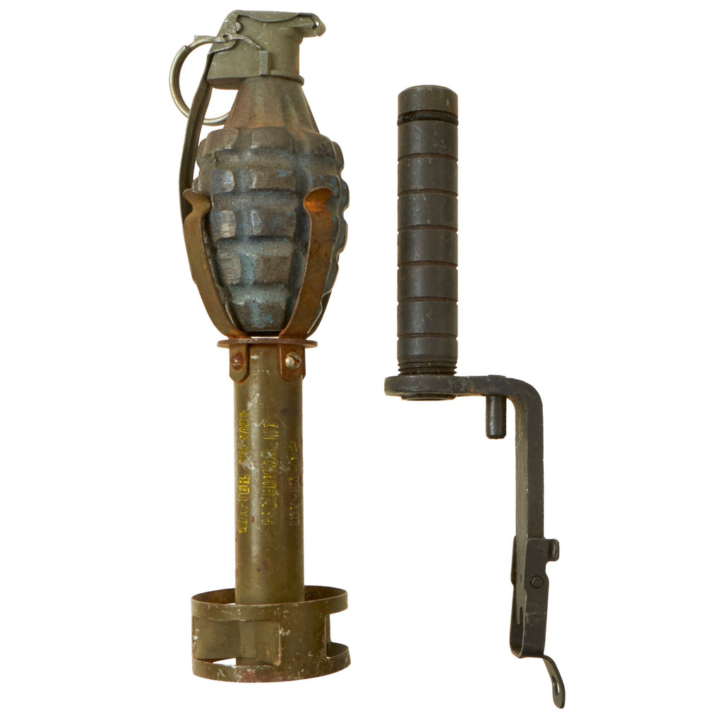 Original U.S. WWII Inert MkII Blue Pineapple Practice Grenade in 1944 Dated M1 Rifle Grenade Adapter with M7 M1 Garand Launcher Original Items