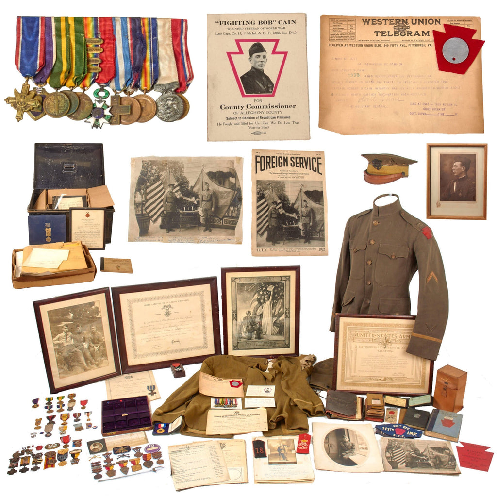 Original U.S. WWI 28th Division “Fighting Bob” Cain Outstanding Uniform, Framed Certificate, & Ephemera Grouping of Distinguished Service Cross Recipient Captain Robert Sneath Cain Including WIA Uniform & Decades of Letters & Logbooks Original Items