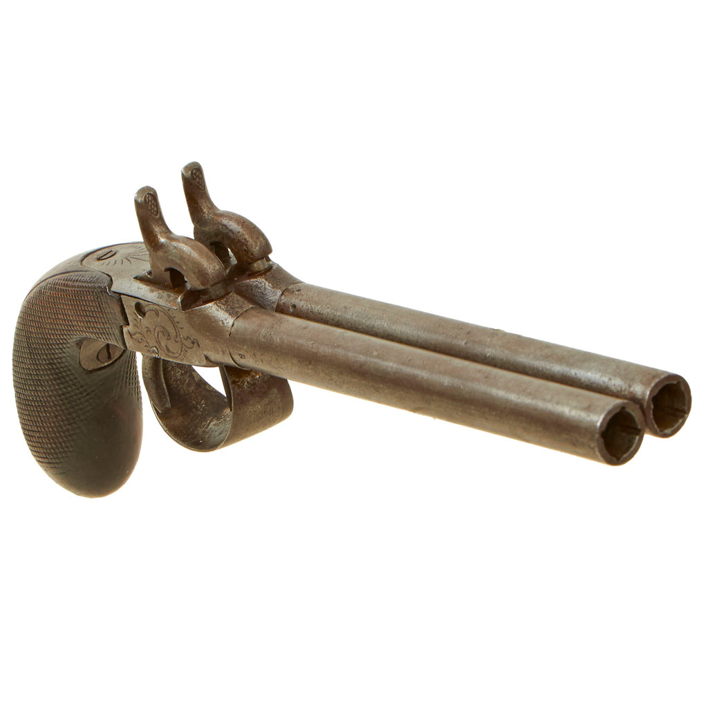 Original Victorian Era Belgian Double Barreled Percussion Pistol with Checkered Wooden Grip and Engraved Frame - Circa 1840 Original Items