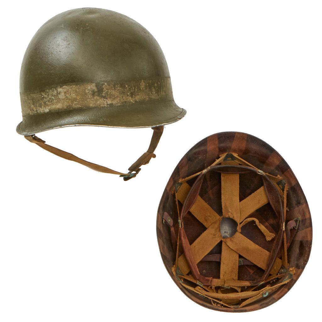 Original U.S. WWII Early War US Navy Beach Battalion NBB Painted McCord Front Seam Fixed Bale M1 Helmet with MSA Liner & Net Original Items