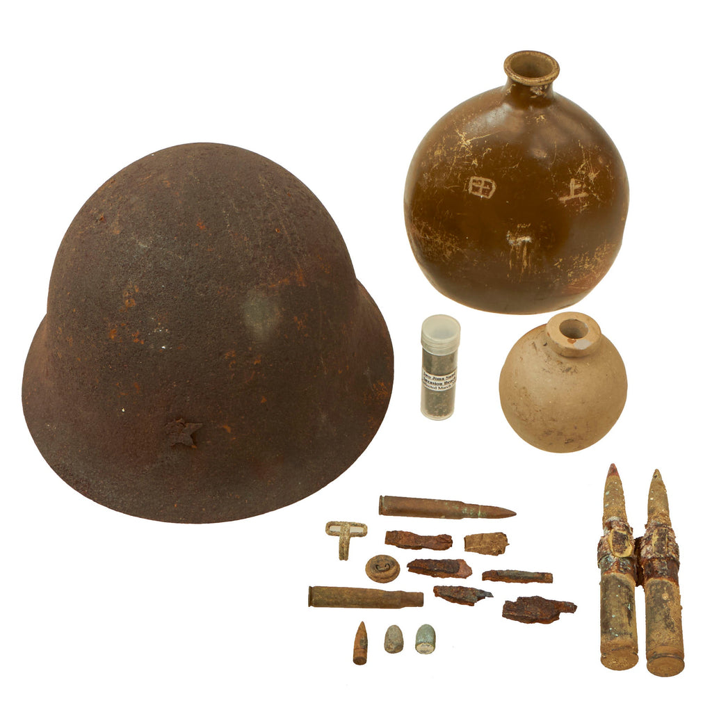 Original Japanese WWII Iwo Jima Relic Lot with Type 90 Army Helmet, Canteen, Vial of Sand, Ceramic Grenade Original Items