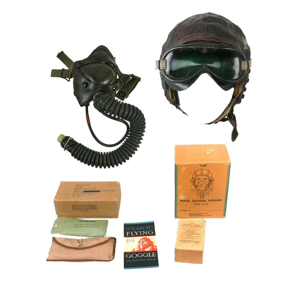 Original U.S. WWII Army Air Forces Aviator Flight Helmet Set - Polaroid B-8 Goggles, A-14 Mask With Box, Sealed HS-38 Headset and Named A-11 Helmet Original Items