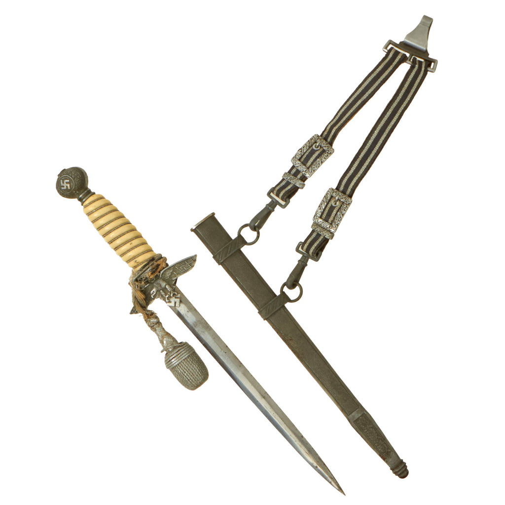 Original WWII German 2nd Model Luftwaffe Dagger by F. W. Höller of Solingen with Scabbard, Hanger, and Portepee Original Items