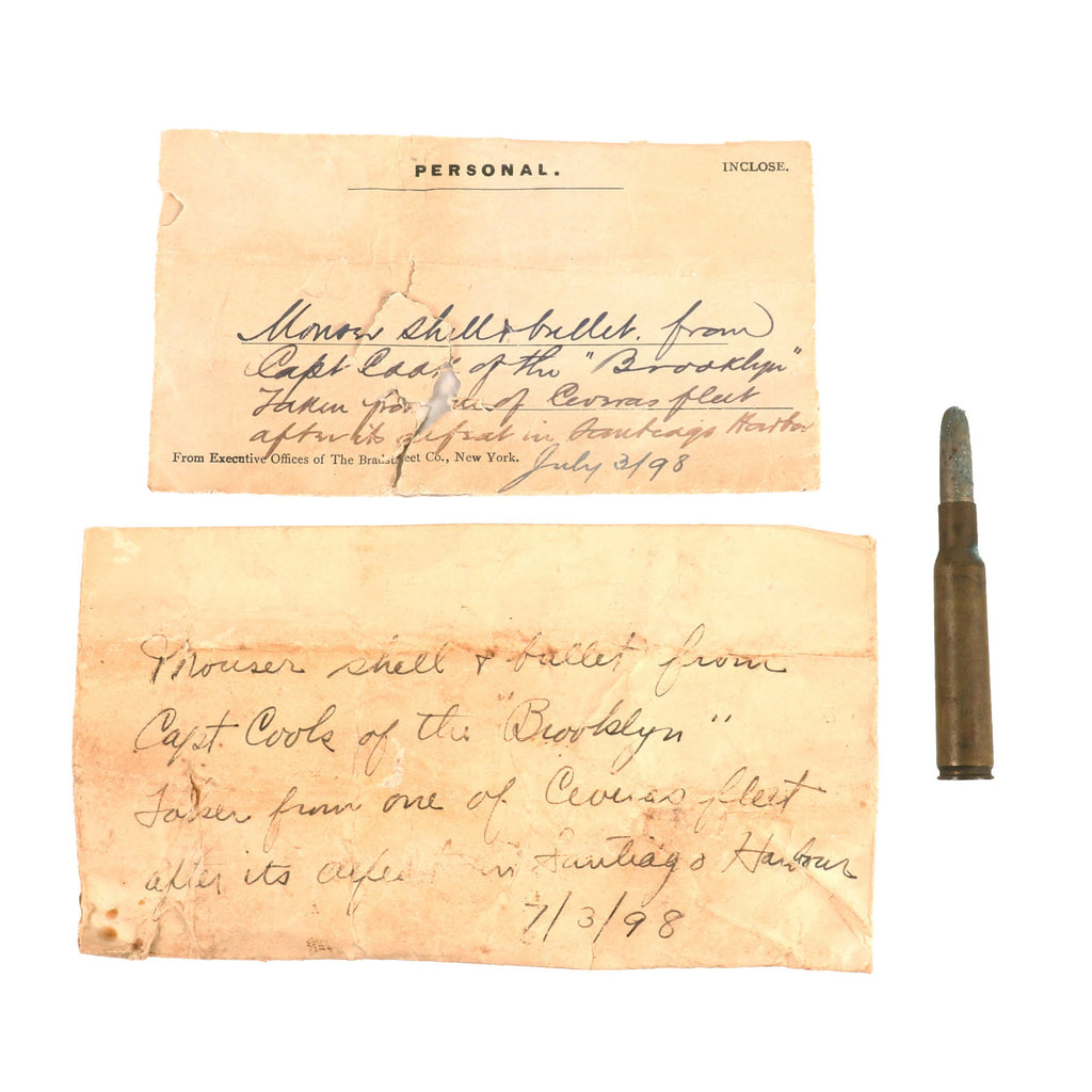 Original U.S. Spanish-American War Captured Mauser Cartridge from Captain Cook of USS Brooklyn with Provenance Envelope - Dated July 3rd, 1898 Original Items