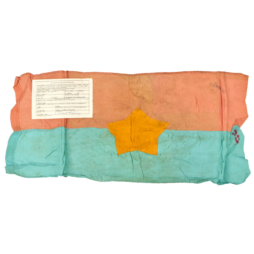 Original U.S. Vietnam War Captured Vietcong Flag with War Trophy Registration Paperwork - 16th Tactical Reconnaissance Squadron - 16” x 34” Original Items
