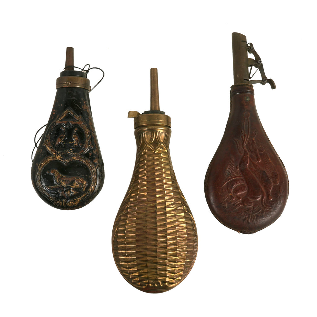 Original U.S. Pre to Early Civil War Era Shot and Powder Flask Lot by AM Flask & Cap Co - 3 Items Original Items
