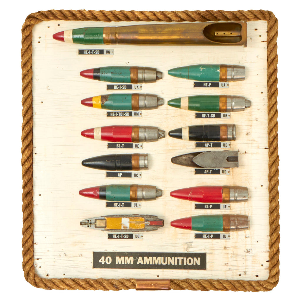 Original U.S. WWII Inert Navy BOFORS 40mm Ammunition Ordnance Display Board - Dated 1944 - 23¼ x 25¾” Original Items