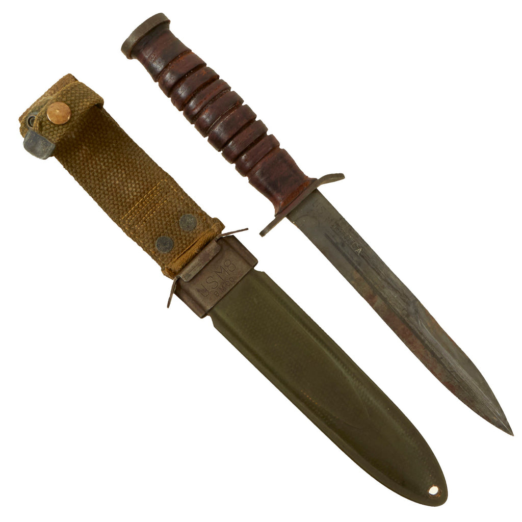 Original U.S. WWII Blade Marked M3 Fighting Knife by UTICA Cutlery Co. with M8 Scabbard by B.M. Co Original Items