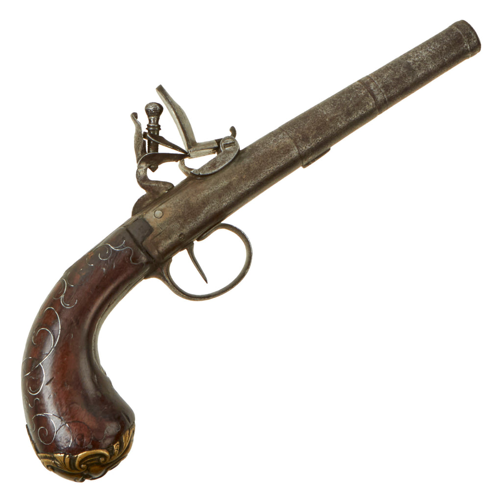 Original 18th Century English Queen Anne Flintlock Pistol with Silver Wire Inlaid Grip and Grotesque Butt Cap Original Items