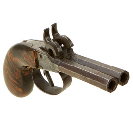 Original Victorian Era Belgian Double Barreled Percussion Pistol with Figured Wood Grip and Decorated Frame - Circa 1835