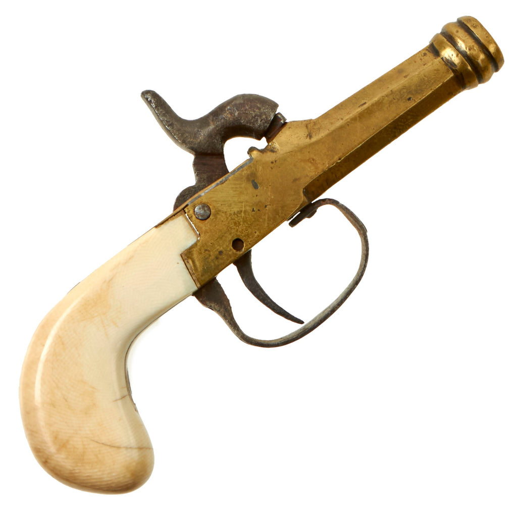 Original Victorian Era Belgian Brass Pocket Percussion Pistol with Ivory Grip - Circa 1835 Original Items