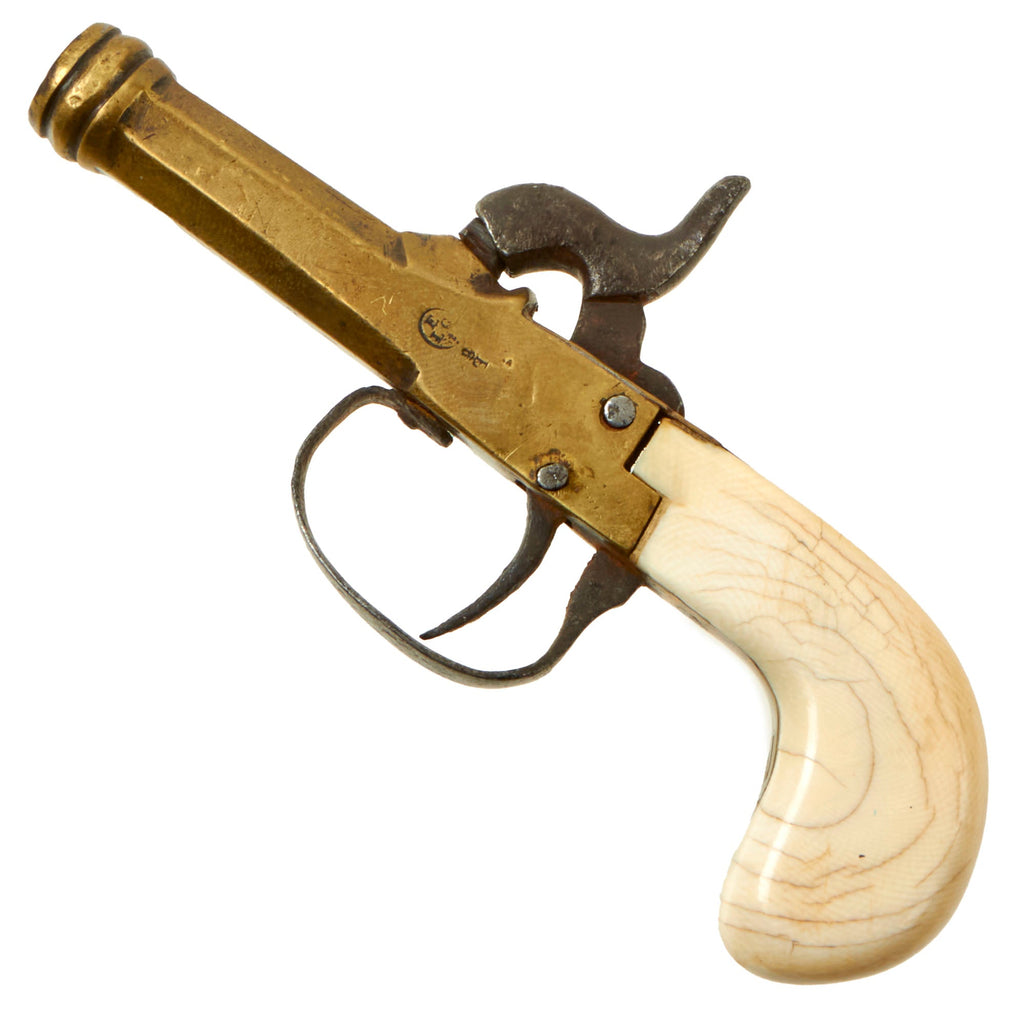 Original Victorian Era Belgian Brass Pocket Percussion Pistol With Ivo original-victorian-era-belgian-brass-pocket-percussion-pistol-with-ivo