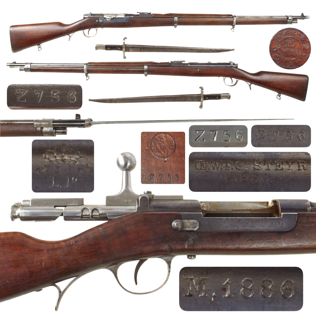 Original Portuguese Kropatschek M.1886/89 Colonial Infantry Rifle by ŒWG Steyr Dated 1886 with Bayonet and Scabbard - Serial Z756 Original Items