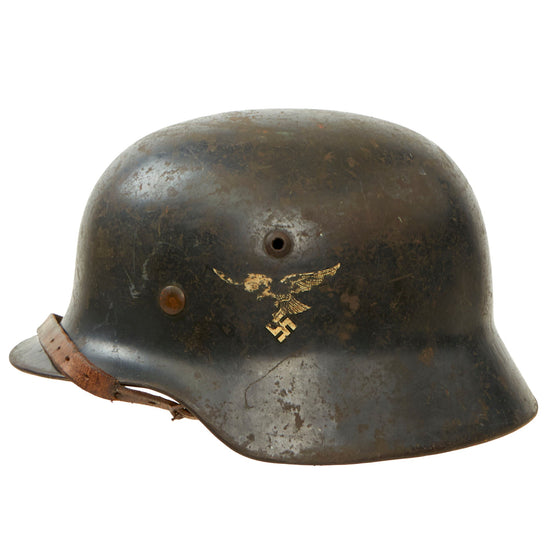 Original German WWII Luftwaffe M35 “Droop-Tail” Former Double Decal Helmet with 56cm Liner & Chinstrap - marked ET64 Original Items