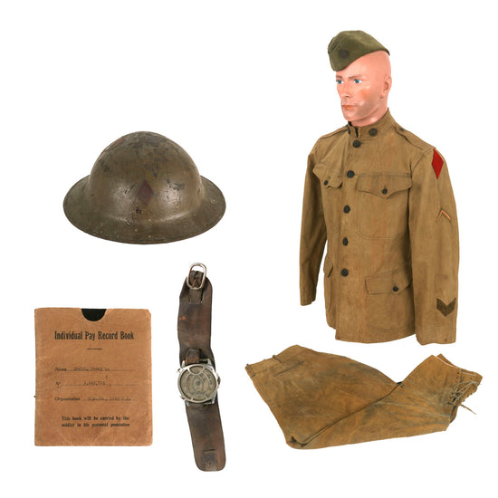Original U.S. Identified WWI 5th Division Uniform Grouping - Painted Helmet -  Trench Watch - Pay Book Original Items