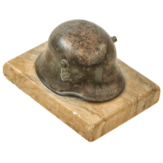 Original German WWII Army Heer Transitional M18 Double Decal Miniature Helmet Desk Ornament on Marble Base - dated 1939 Original Items