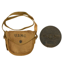 Original U.S. WWII US Marine Corps USMC Marked 50 Round Drum Magazine Pouch For The M1921A Thompson - With Resin Drum Magazine