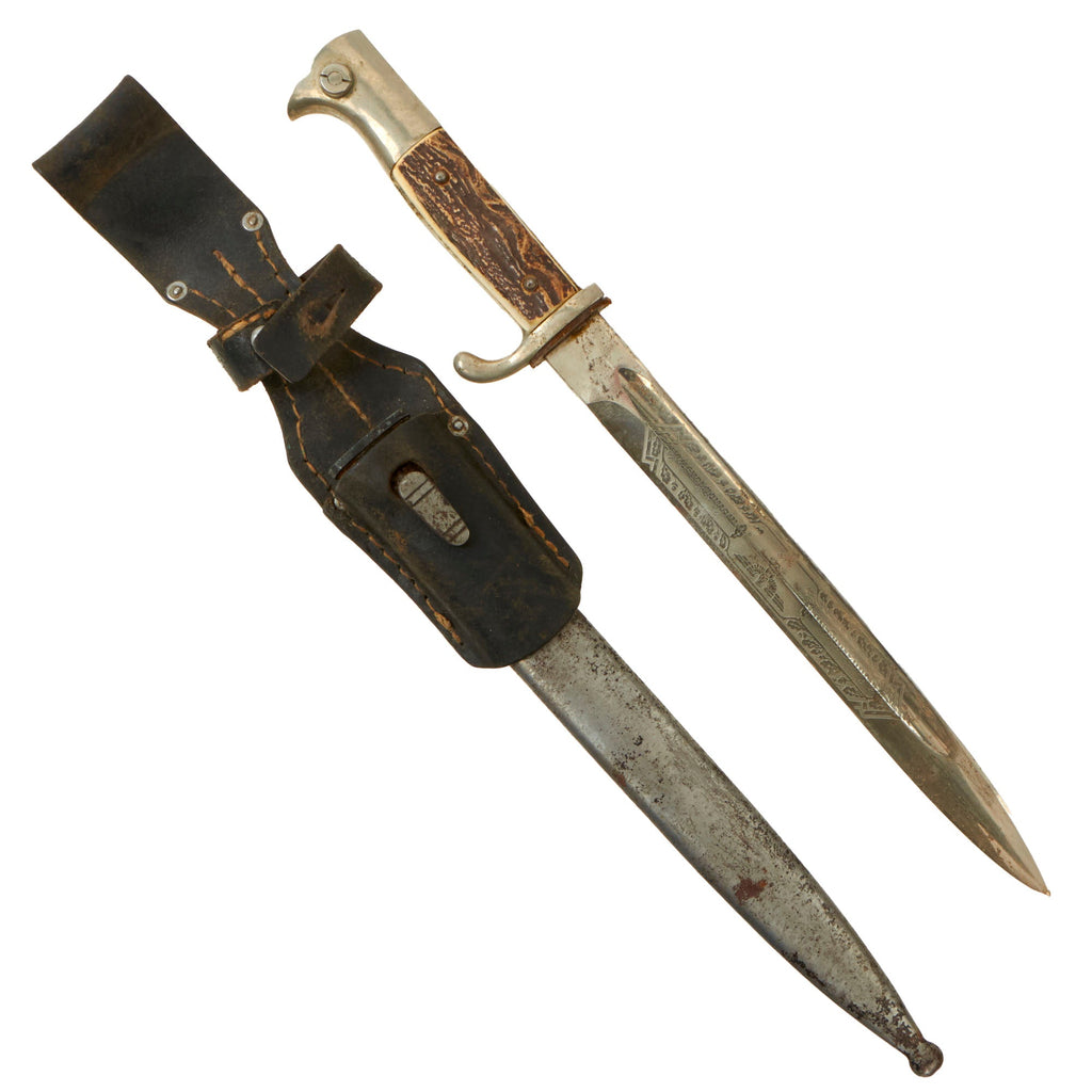 Original German WWII Heer Single Etched Long Stag Handle 98k Dress Bayonet by Paul Seilheimer with Scabbard and Frog Original Items