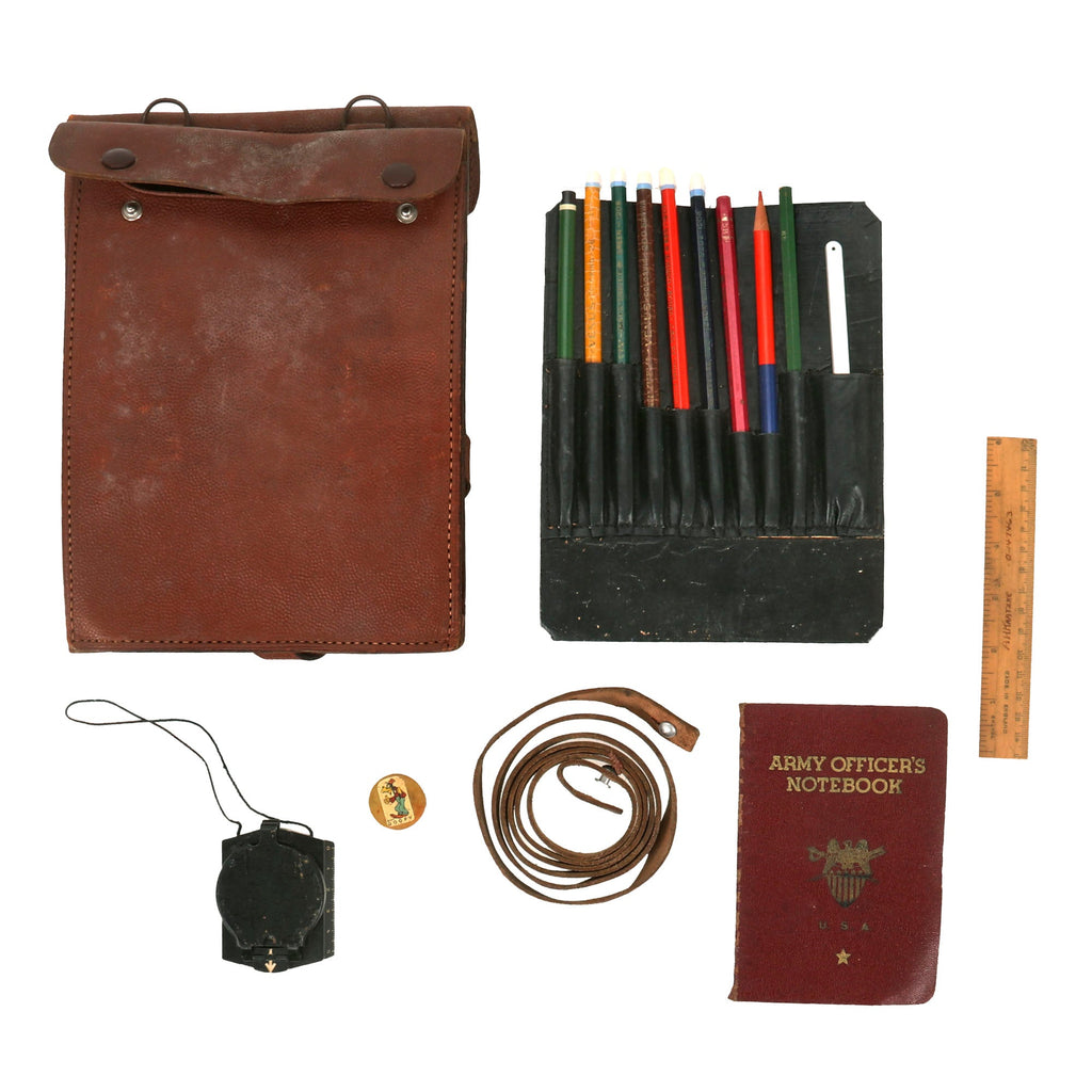 Original German Pre-WWII USGI Used Private Purchase Brown Leather Map Case with U.S. Army Officers Notebook & More Original Items