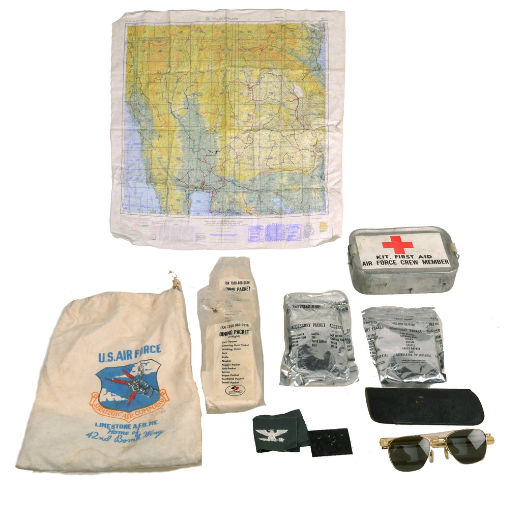 Original Vietnam War U.S. Air Force USAF Survival Map, Aircrew First Aid Kit, Inflight Rations, Sun Glasses and More Original Items