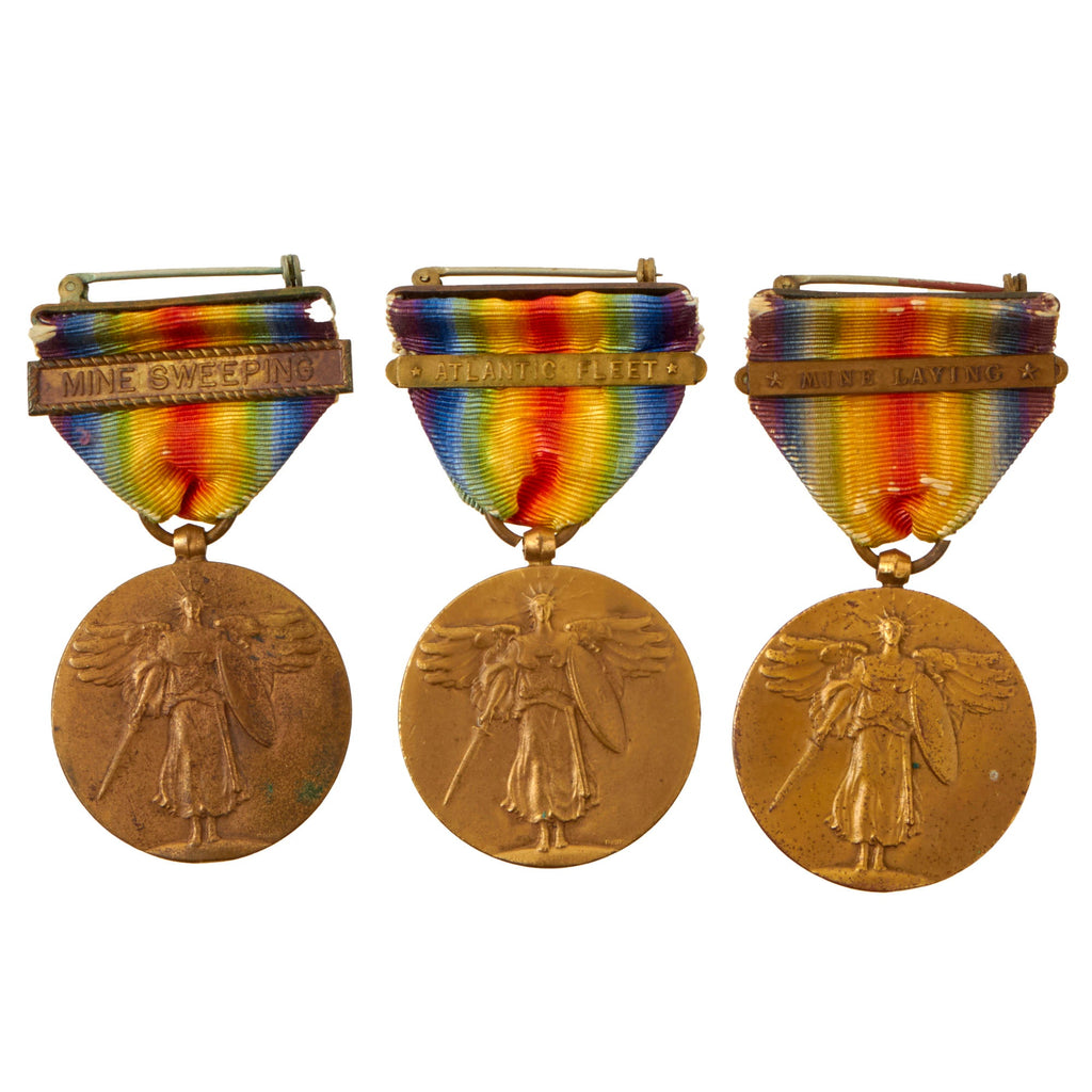 Original U.S. WWI Navy Victory Medal Lot of 3 - Mine Sweeping, Mine Laying, & Atlantic Fleet Original Items