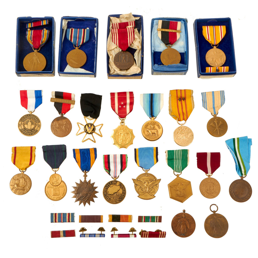 Original U.S. WWI - Present Medal Lot with 5 Medals in Boxes & Multiple Ribbons - 22 Medals Total Original Items