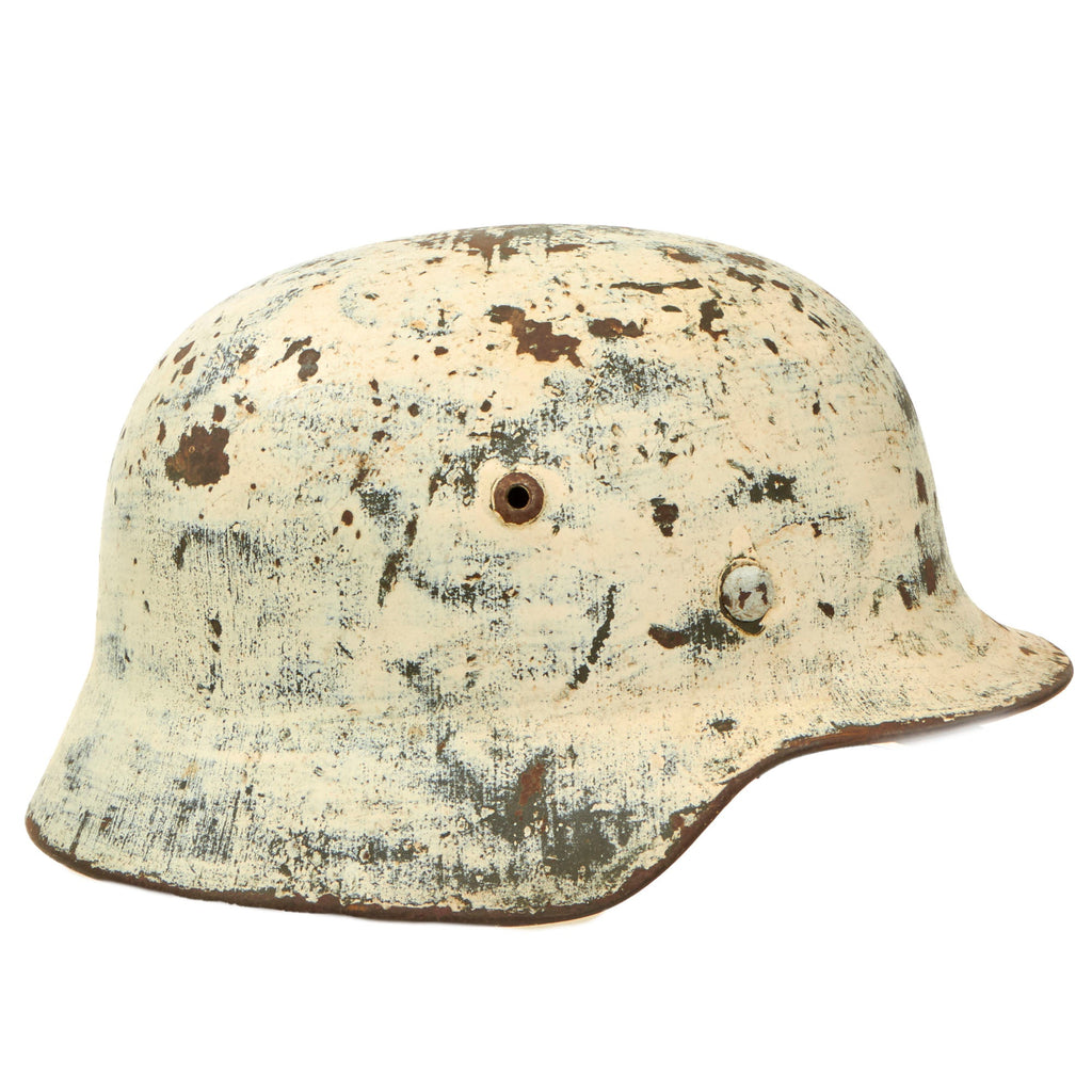 Original Rare German WWII M40 Winter Field Camouflage Steel Helmet with 58cm Liner and Chinstrap - Marked ET66 Original Items