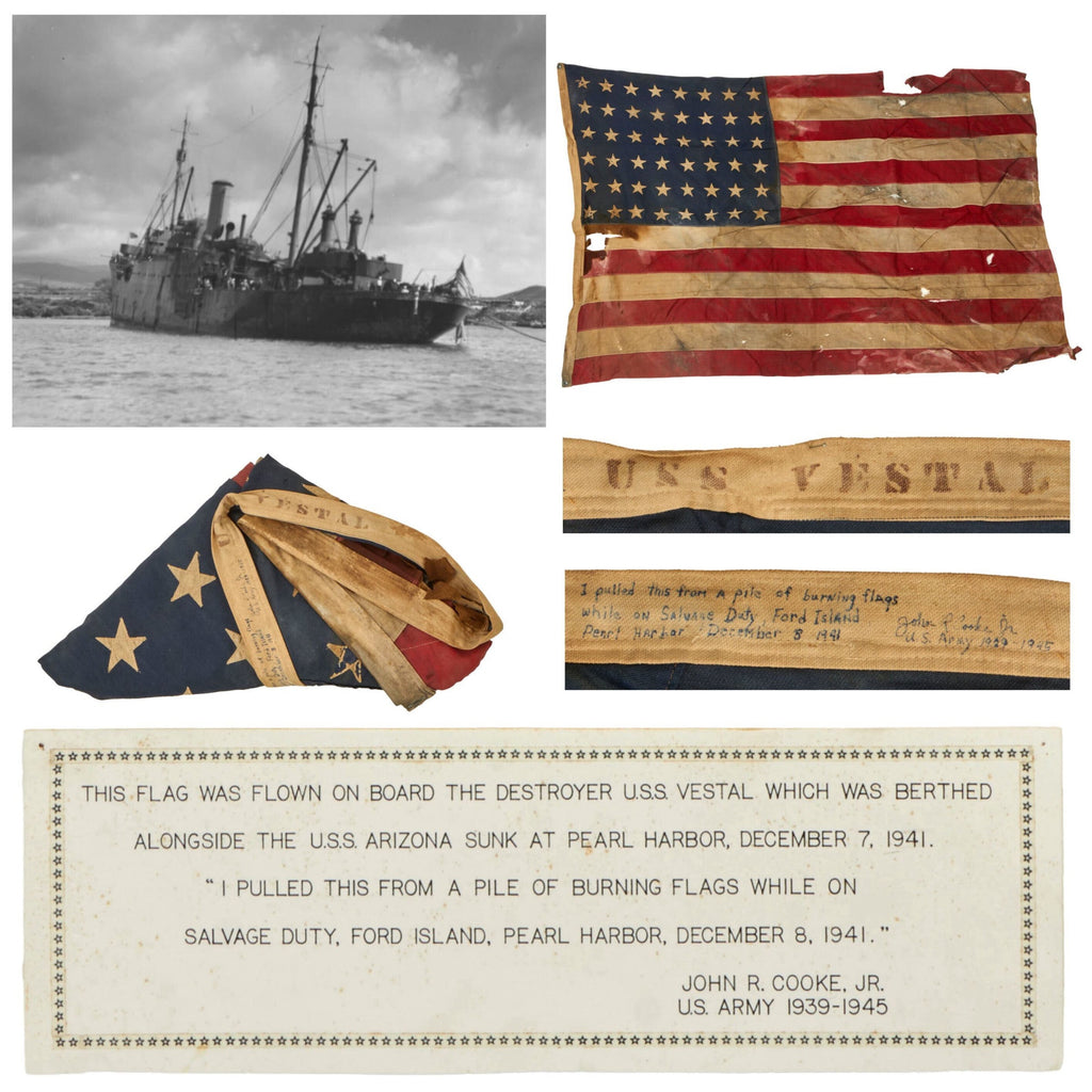 Original U.S. WWII Attack on Pearl Harbor USS Vestal Flag - Recovered from Pile of Burning Flags by John R. Cooke During Salvage Duty with Museum Sign - 46 x 64” Original Items