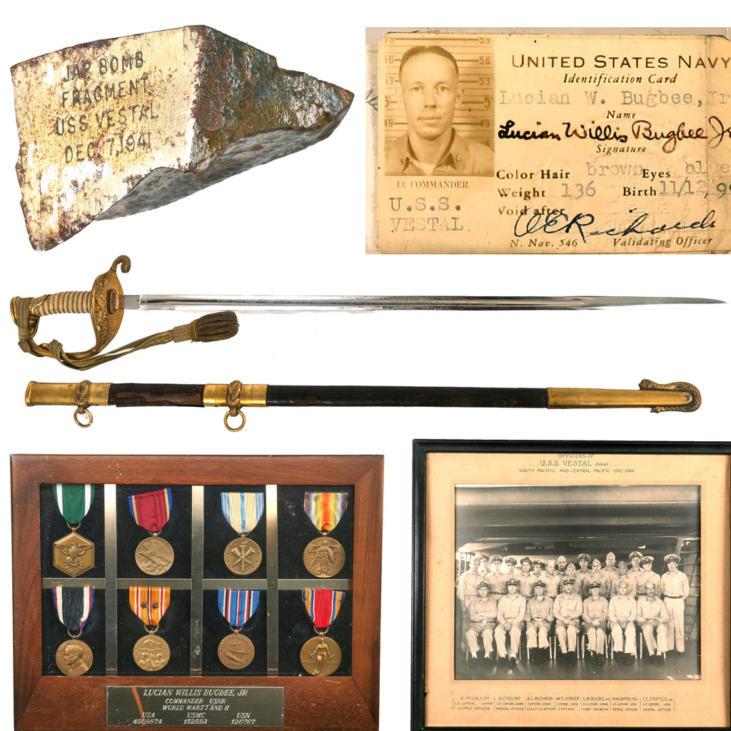 Original U.S. WWII Pearl Harbor Attack USS Vestal Bomb Fragment with Engraving & Effects of Pearl Harbor Survivor Commander Lucian Willis Bugbee Including Naval Officer’s Sword & Medals Original Items