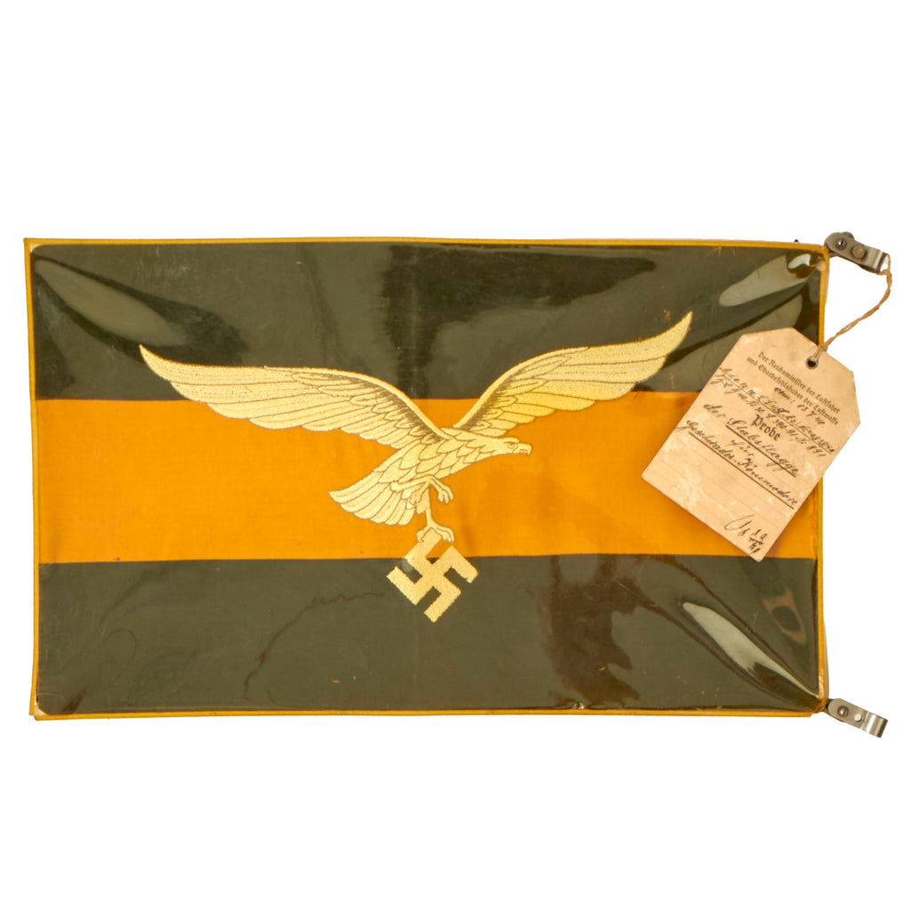 Original German WWII Luftwaffe Air Wing Commodore Rigid Vehicle Command Flag with Celluloid Cover and Probe Sample Tag - 9 ½" x 16" Original Items