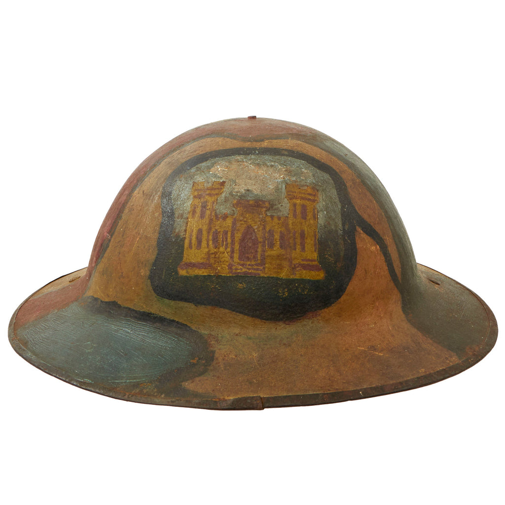 Original U.S. WWI Corps of Engineers Camouflage Painted British-Made Mk. I Camouflage Doughboy Helmet with Liner & Chinstrap Original Items