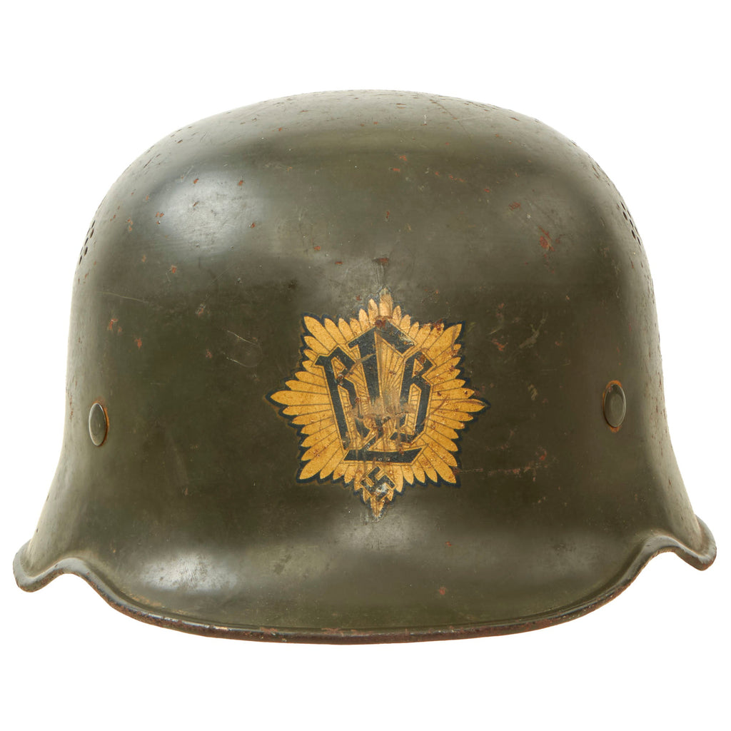 Original German WWII Early M34 Civic Square Dip RLB Air Defense Steel Helmet with Liner and Broken Chinstrap Original Items