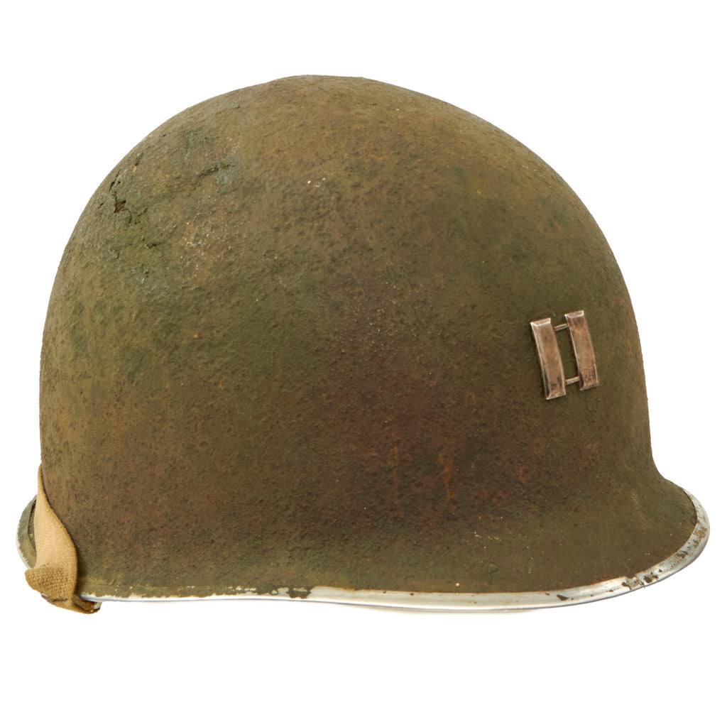 Original U.S. WWII M1 Captain’s Fixed Bale Front Seam Helmet Recovered at 28th Infantry Division Position in Luxembourg Original Items
