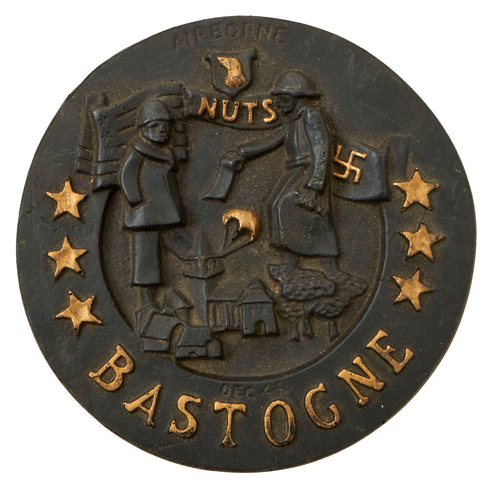 Original WWII U.S. 101st Airborne Battle of the Bulge Rare Early Plastic NUTS Plaque - Bastogne 1944 Original Items