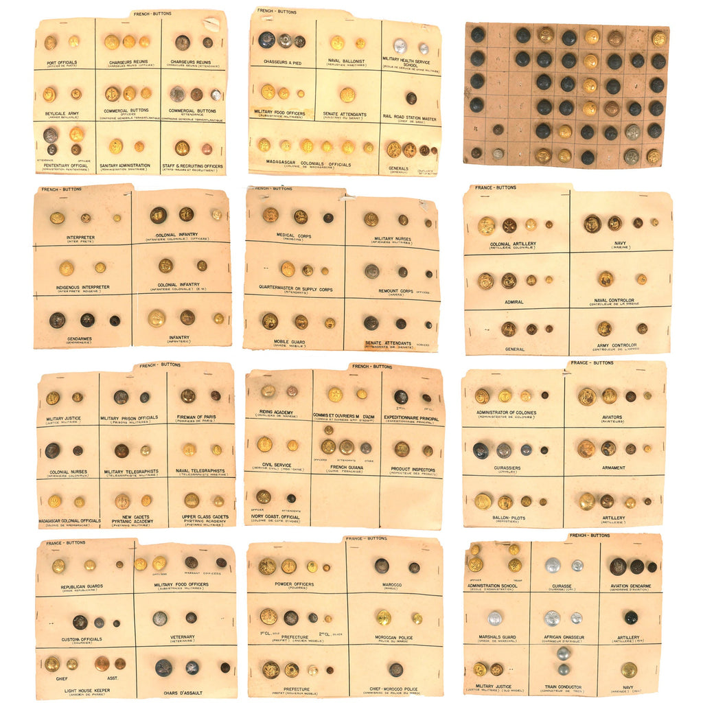 Original French WWI Button Collection with 12 Boards with Identification - 242 Buttons Total Original Items