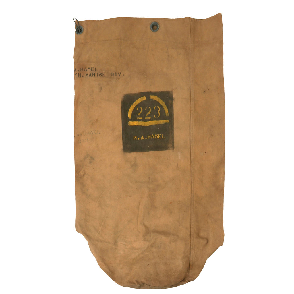 Original U.S. WWII USMC Named 4th Marine Division Seabag - UNIS 223 Marking - Robert A. Hamel Original Items