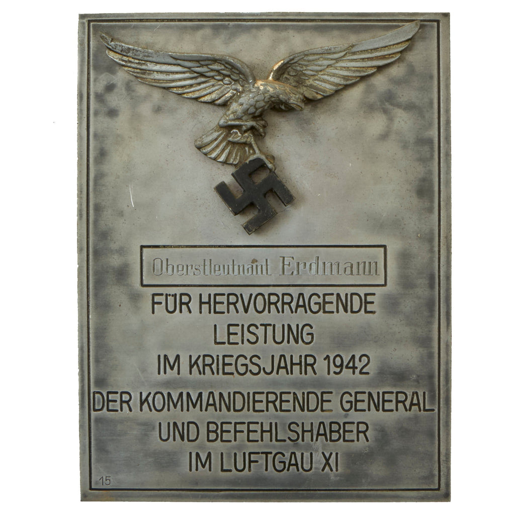 Original German WWII Luftwaffe Named Outstanding Performance Presentation Plaque from Luftgau XI - dated 1942 Original Items